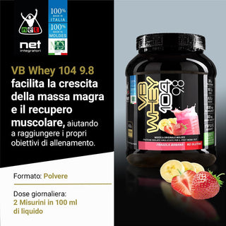 NET VB WHEY 104 9.8® Proteine Isolate Idrolizzate (OPTIPEP® 90 PRO), Con Aggiunta di Fermenti Lattici,  Enzimi digestivi, Minerali  Alcalinizzanti,  Ricca di BCAA e Peptid. Barattolo 450 gr