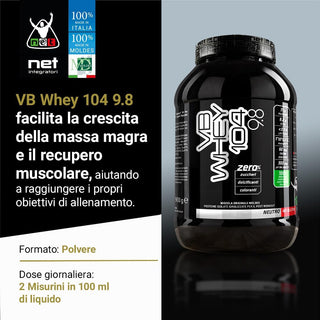 NET VB WHEY 104 9.8® Proteine Isolate Idrolizzate (OPTIPEP® 90 PRO), Con Aggiunta di Fermenti Lattici,  Enzimi digestivi, Minerali  Alcalinizzanti,  Ricca di BCAA e Peptid. Barattolo 900 gr