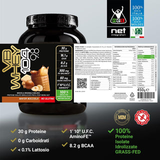 NET VB WHEY 104 9.8® Proteine Isolate Idrolizzate (OPTIPEP® 90 PRO), Con Aggiunta di Fermenti Lattici,  Enzimi digestivi, Minerali  Alcalinizzanti,  Ricca di BCAA e Peptid. Barattolo 450 gr