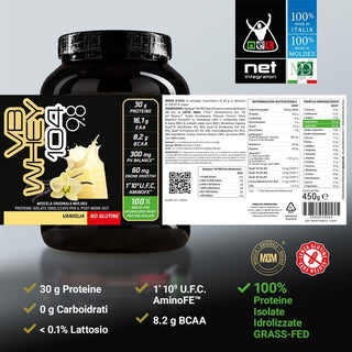 NET VB WHEY 104 9.8® Proteine Isolate Idrolizzate (OPTIPEP® 90 PRO), Con Aggiunta di Fermenti Lattici,  Enzimi digestivi, Minerali  Alcalinizzanti,  Ricca di BCAA e Peptid. Barattolo 450 gr