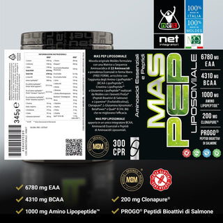 NET MAS PEP LIPOSOMIALE Pre-Intra e Post Workout con EAA Amminoacidi Essenziali e BCAA, Massimizza la Sintesi Proteica, la Crescita e il Recupero Muscolare