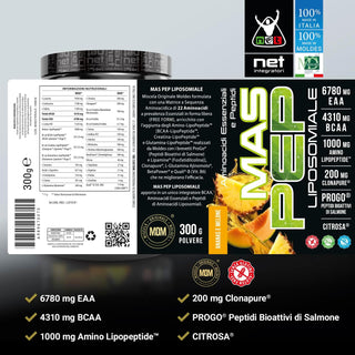 NET MAS PEP LIPOSOMIALE Pre-Intra e Post Workout con EAA Amminoacidi Essenziali e BCAA, Massimizza la Sintesi Proteica, la Crescita e il Recupero Muscolare