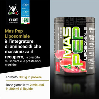 NET MAS PEP LIPOSOMIALE Pre-Intra e Post Workout con EAA Amminoacidi Essenziali e BCAA, Massimizza la Sintesi Proteica, la Crescita e il Recupero Muscolare