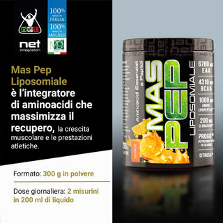 NET MAS PEP LIPOSOMIALE Pre-Intra e Post Workout con EAA Amminoacidi Essenziali e BCAA, Massimizza la Sintesi Proteica, la Crescita e il Recupero Muscolare