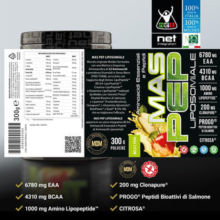 NET MAS PEP LIPOSOMIALE Pre-Intra e Post Workout con EAA Amminoacidi Essenziali e BCAA, Massimizza la Sintesi Proteica, la Crescita e il Recupero Muscolare