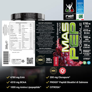 NET MAS PEP LIPOSOMIALE Pre-Intra e Post Workout con EAA Amminoacidi Essenziali e BCAA, Massimizza la Sintesi Proteica, la Crescita e il Recupero Muscolare