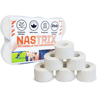 Nastri Adesivi Sportivi NASTRIX 3,8 cm x 9.1 Metri 100% Cotone, Non Elastico, Alta Adesività, Resistente all'Acqua. Confezione 6 Pezzi