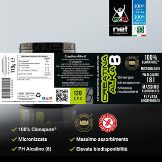 NET Integratori CREATINA ALKA 8 Creatina Monoidrata Micronizzata Clonapure,  Pre E Post Workout, Rapida Produzione Energetica, Contrasta la Fatica e Massimizza la Crescita Muscolare