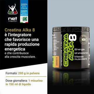 NET Integratori CREATINA ALKA 8 Creatina Monoidrata Micronizzata Clonapure,  Pre E Post Workout, Rapida Produzione Energetica, Contrasta la Fatica e Massimizza la Crescita Muscolare