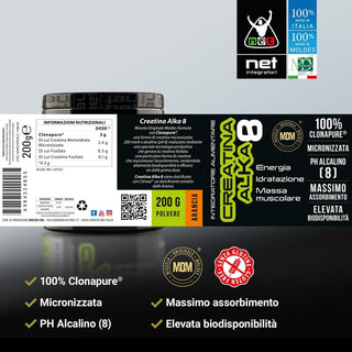NET Integratori CREATINA ALKA 8 Creatina Monoidrata Micronizzata Clonapure,  Pre E Post Workout, Rapida Produzione Energetica, Contrasta la Fatica e Massimizza la Crescita Muscolare