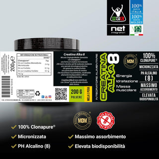 NET Integratori CREATINA ALKA 8 Creatina Monoidrata Micronizzata Clonapure,  Pre E Post Workout, Rapida Produzione Energetica, Contrasta la Fatica e Massimizza la Crescita Muscolare