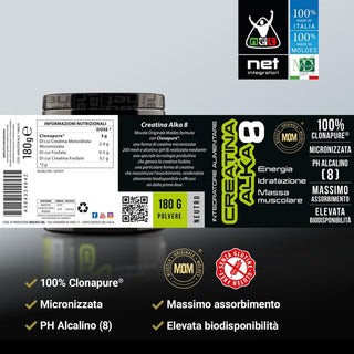 NET Integratori CREATINA ALKA 8 Creatina Monoidrata Micronizzata Clonapure,  Pre E Post Workout, Rapida Produzione Energetica, Contrasta la Fatica e Massimizza la Crescita Muscolare