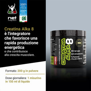 NET Integratori CREATINA ALKA 8 Creatina Monoidrata Micronizzata Clonapure,  Pre E Post Workout, Rapida Produzione Energetica, Contrasta la Fatica e Massimizza la Crescita Muscolare