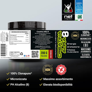 NET Integratori CREATINA ALKA 8 Creatina Monoidrata Micronizzata Clonapure,  Pre E Post Workout, Rapida Produzione Energetica, Contrasta la Fatica e Massimizza la Crescita Muscolare