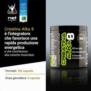 NET Integratori CREATINA ALKA 8 Creatina Monoidrata Micronizzata Clonapure,  Pre E Post Workout, Rapida Produzione Energetica, Contrasta la Fatica e Massimizza la Crescita Muscolare