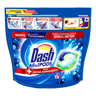 Dash All in 1 Pods Azione Extra Igienizzante, Detersivo Lavatrice in Capsule. Pulizia Profonda Contro Sporco e Batteri, Formato 37 Capsule