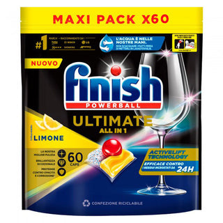 Finish Powerball Ultimate ALL IN 1 Limone. Efficace contro i Residui Incrostati 24H, Confezione 60 Capsule