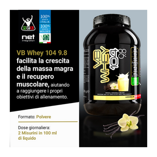 NET VB WHEY 104 9.8® Proteine Isolate Idrolizzate (OPTIPEP® 90 PRO), Con Aggiunta di Fermenti Lattici,  Enzimi digestivi, Minerali  Alcalinizzanti,  Ricca di BCAA e Peptid. Barattolo 1980 gr