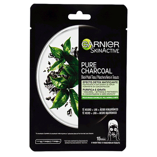 Garnier Skin Active, pure Charcoal, Maschera Nera Per Viso in Tessuto, Effetto Detox. Purifica e Idrata, Acido Ialuronico e Tè Nero, 28 g