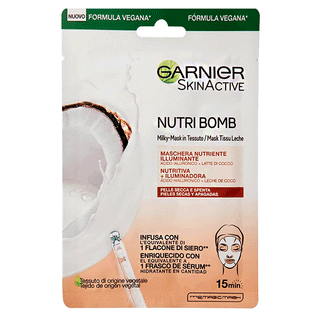 Garnier Skin Active, Nutri Bomb, Maschera Per Viso in Tessuto, Nutriente e Illuminante, Acido Ialuronico e Latte di Cocco, 28 g