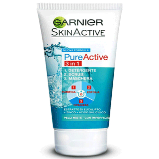 Garnier Skin Active, Pure Active 3 in 1. Detergente, Scrub e Maschera. Anti Macchie e Segni della Pelle, 150 ml