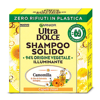 Garnier Ultra Dolce, Shampoo Solido Illuminante, 94% D'Origine Vegetale. Camomilla e Olio di Calendula Biologico. Per Capelli Chari, 60 g