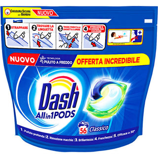 Dash All in 1 Pods Classico, Detersivo Lavatrice in Capsule. Pulisce a Fondo, Rimuove Macchie, Efficace a 30 Gradi, Formato 56 Capsule