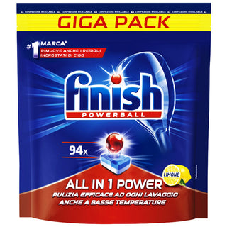 FINISH- Powerball ALL IN 1, Capsule Lavastoviglie Con Limone, Pulizia Efficace Anche A Basse Temperature, Giga Pack 94 Capsule