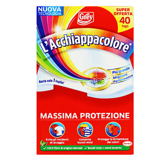 Grey L' Acchiappacolore, Fogli Cattura Colore Lavatrice. Massima Protezione, Confezione 40 Fogli, 100% Fibre di Origine Naturale