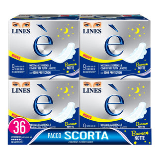 LINES È- Assorbenti Notte in Lactifless con Ali, Comfort Per Tutta La Notte, Pacco Scorta, Confezione da 36 Pezzi