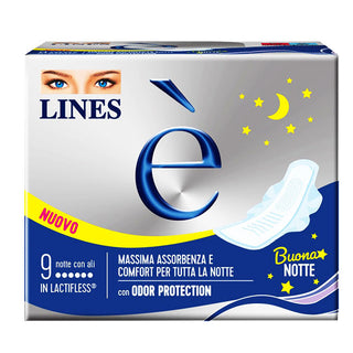 LINES È- Assorbenti Notte in Lactifless con Ali, Comfort Per Tutta La Notte, Confezione da 9 Pezz