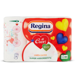 Regina di Cuori Carta Cucina Asciugatutto, Super Assorbente, Carta Spessa e Resistente 100% Certificata FSC®, Confezione 3 Rotoli 2 Veli , 50 Strappi / Rotolo